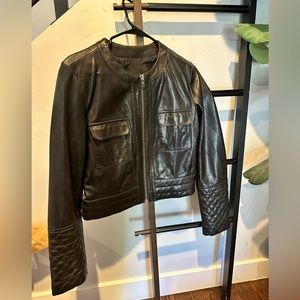 Trouve black leather crop jacket with quilted sleeves